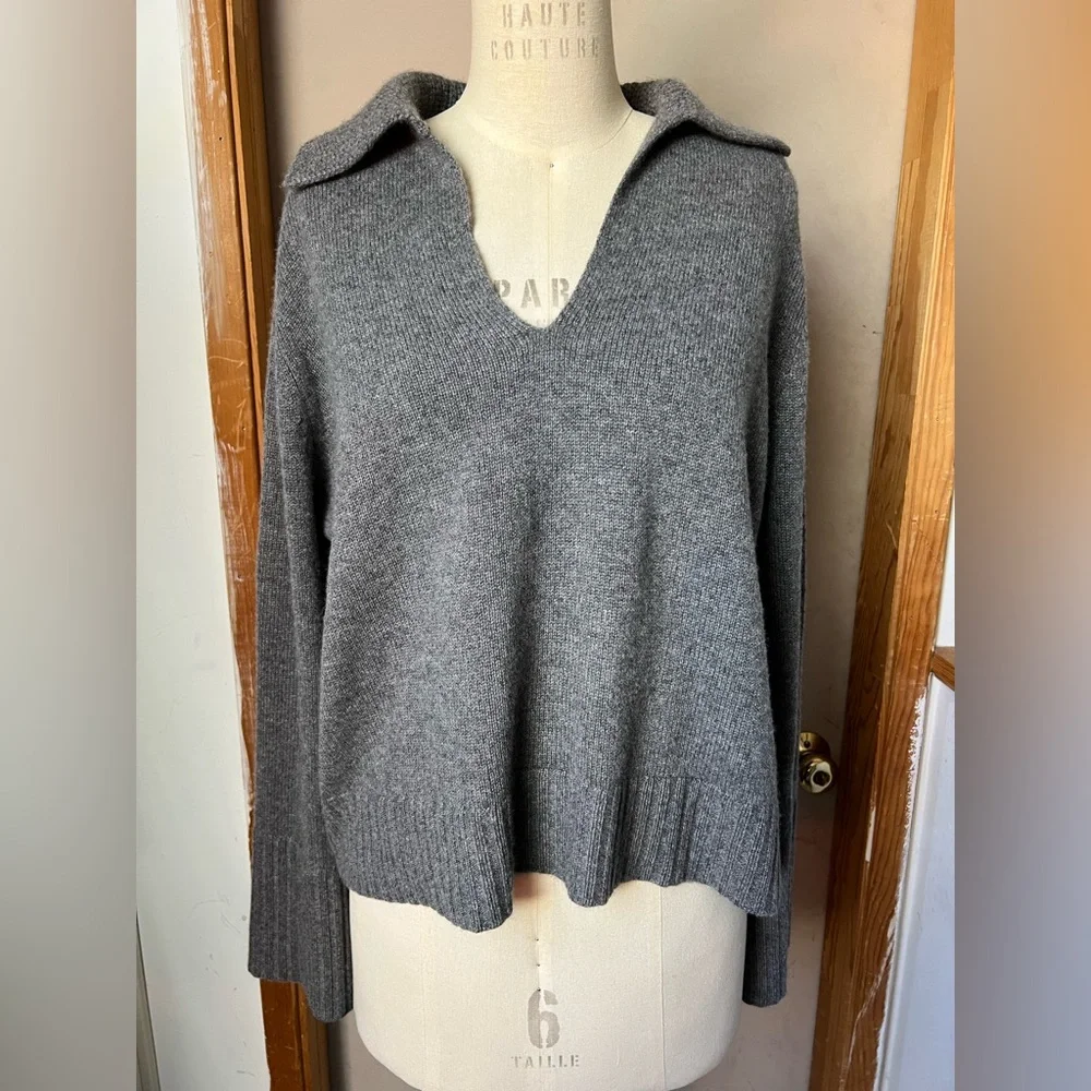 $425 Jenni Kayne Frances Polo Cashmere Sweater in Thunder - Size L - Picture 4 of 10